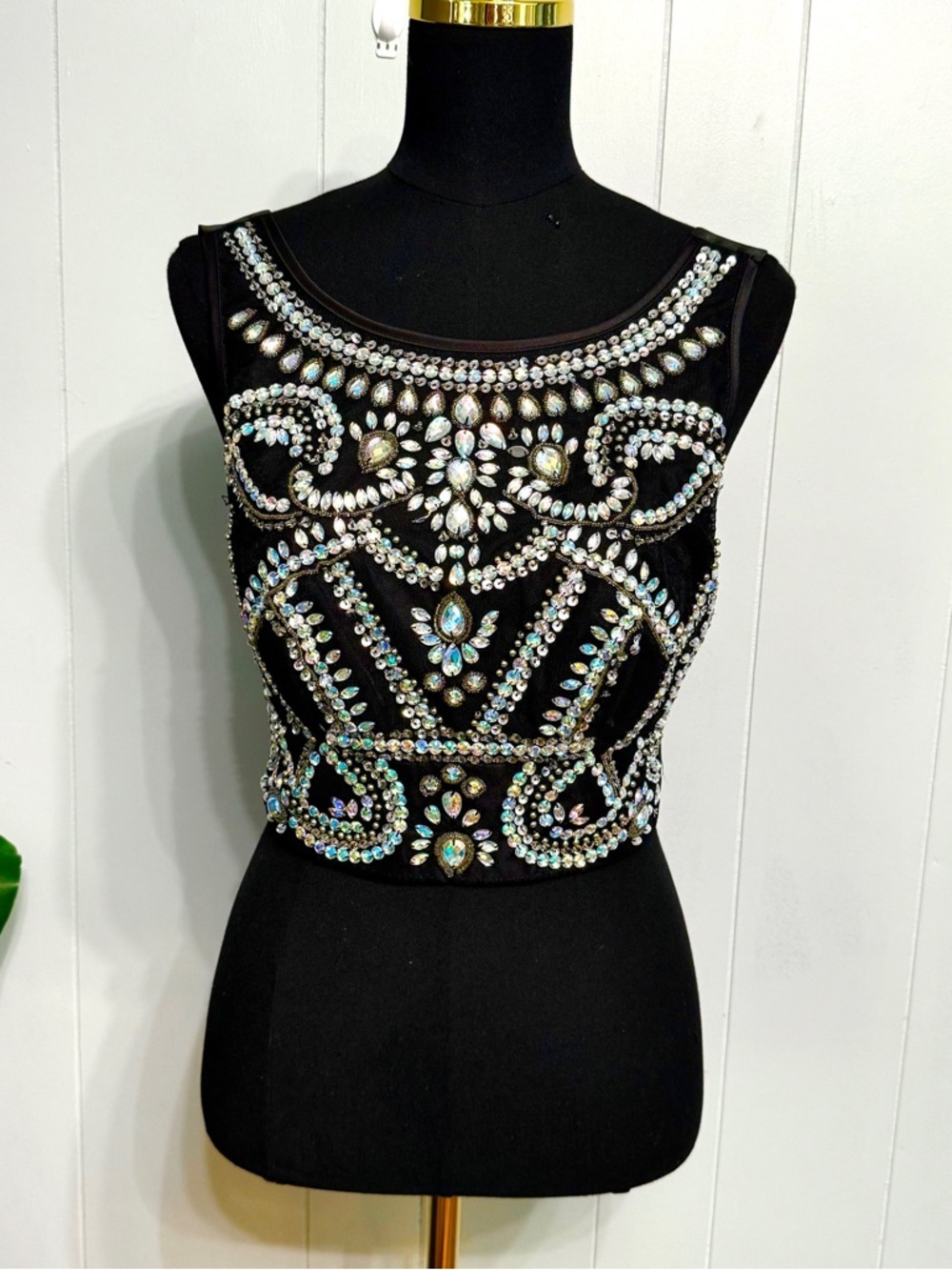 #12) B Darlin Black Crystal-Embellished Sleeveless Crop Overlay